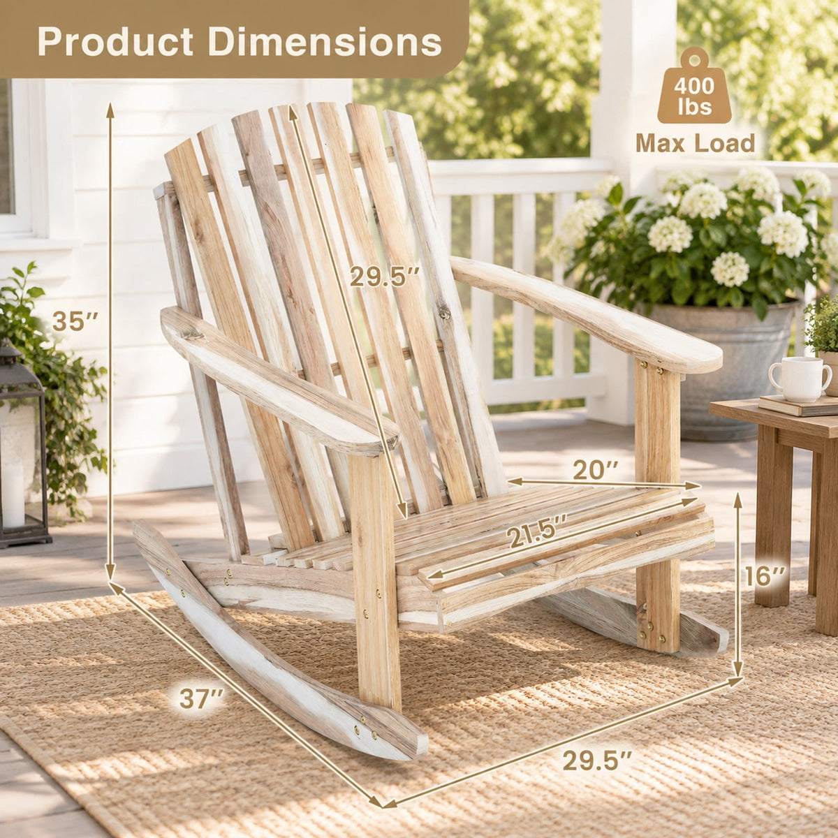 Airfind Adirondack Rocking Chair with Slatted Seat and High Fanned Back, 400 lbs Capacity, Acacia Wood Frame, 37 Inch x 29.5 Inch x 35 Inch Footprint, Natural