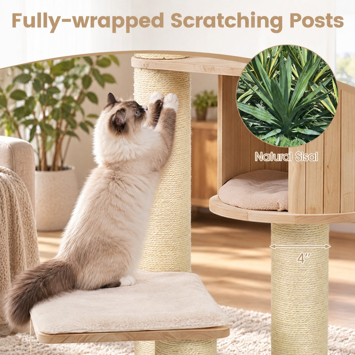 Airfind Cat Tree for Indoor Kittens with Top Perch Condo Space and 3 Hanging Feather Toys, 4 Inch Sisal Scratching Posts for Cats to Claw, Beige