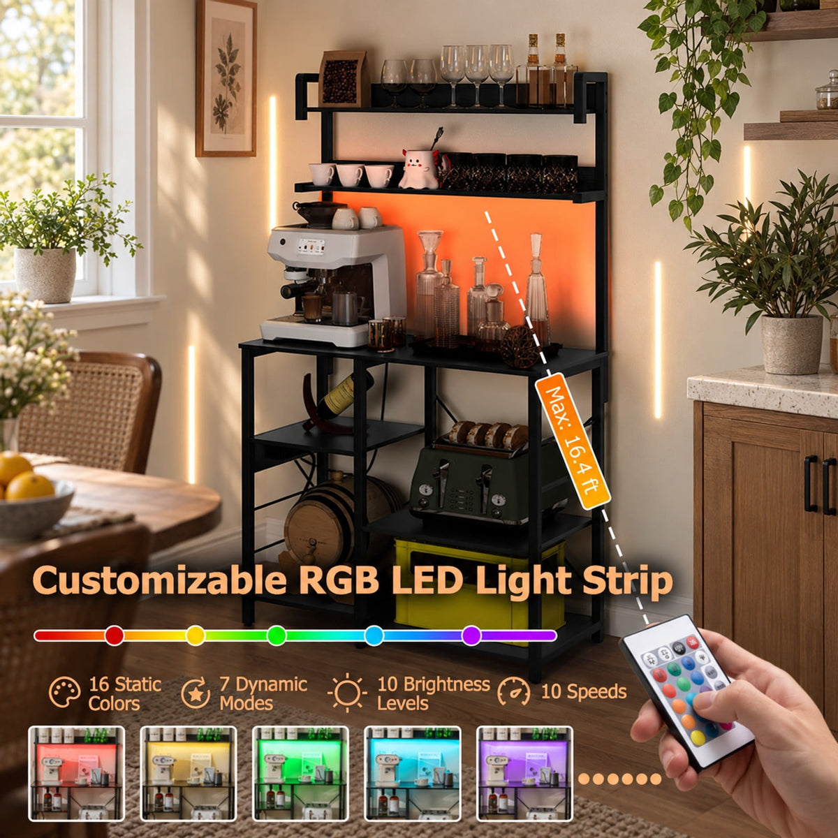 Airfind Kitchen Bakers Rack with Power Outlet 5, Tier Microwave Oven Stand with LED Lights, Black, Adjustable in 10 brightness levels and 10 speeds