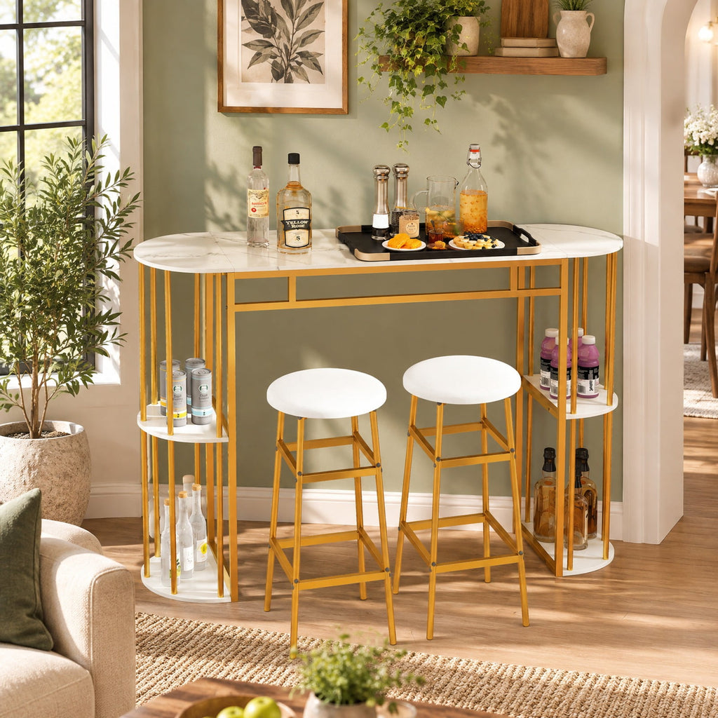 Airfind 60 Inch Long Bar Table Narrow with Faux Marble Tabletop and Storage Shelves, 135 lbs Capacity, Metal Engineered Wood Frame, White