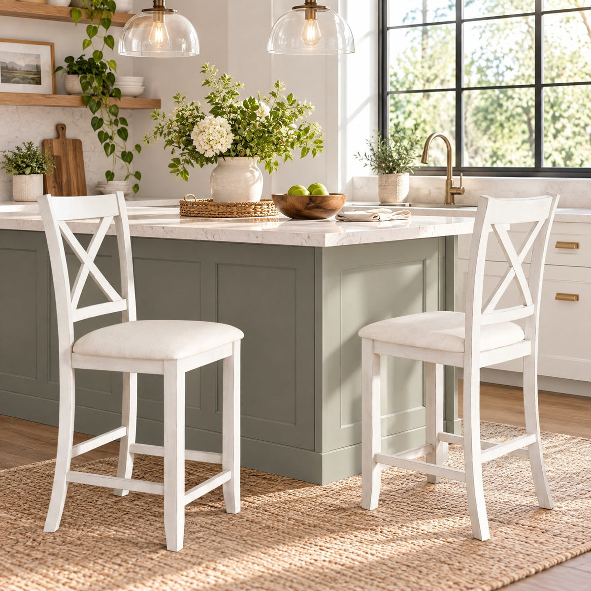 Airfind Modern Farmhouse Counter Height Stools with Footrest and Cushion, 330 lbs Capacity, Rubber MDF Linen Sponge Frame, White