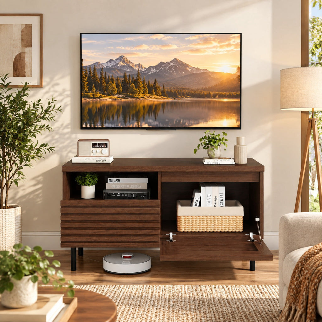 Airfind Mid Century Fluted TV Stand for 40 Inch TV Modern Entertainment Center with Open Compartment, 110 lbs Capacity, Metal Engineered Wood Frame
