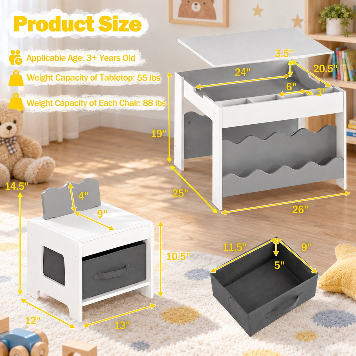 Airfind Multi-purpose Activity Kids Table and Chairs Set with Double-sided Tabletop, 55 lbs Capacity, MDF Frame, 26 Inch x 25 Inch x 19 Inch Footprint, Gray