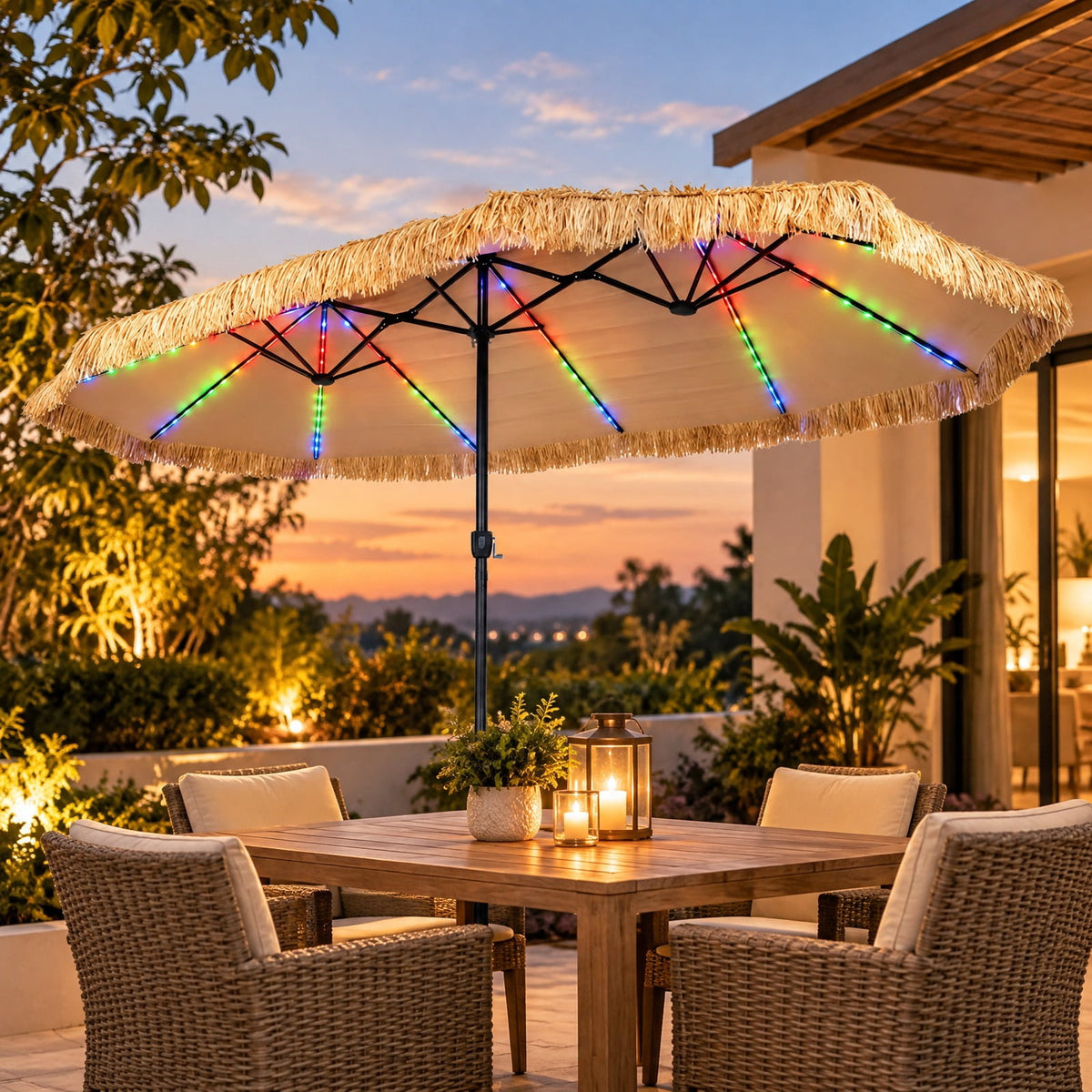 Airfind 15 x 9 FT Solar Double-sided Patio Umbrella with 144 Multi-colored Flowing Lights 12 Modes and 12 Ribs, Brown