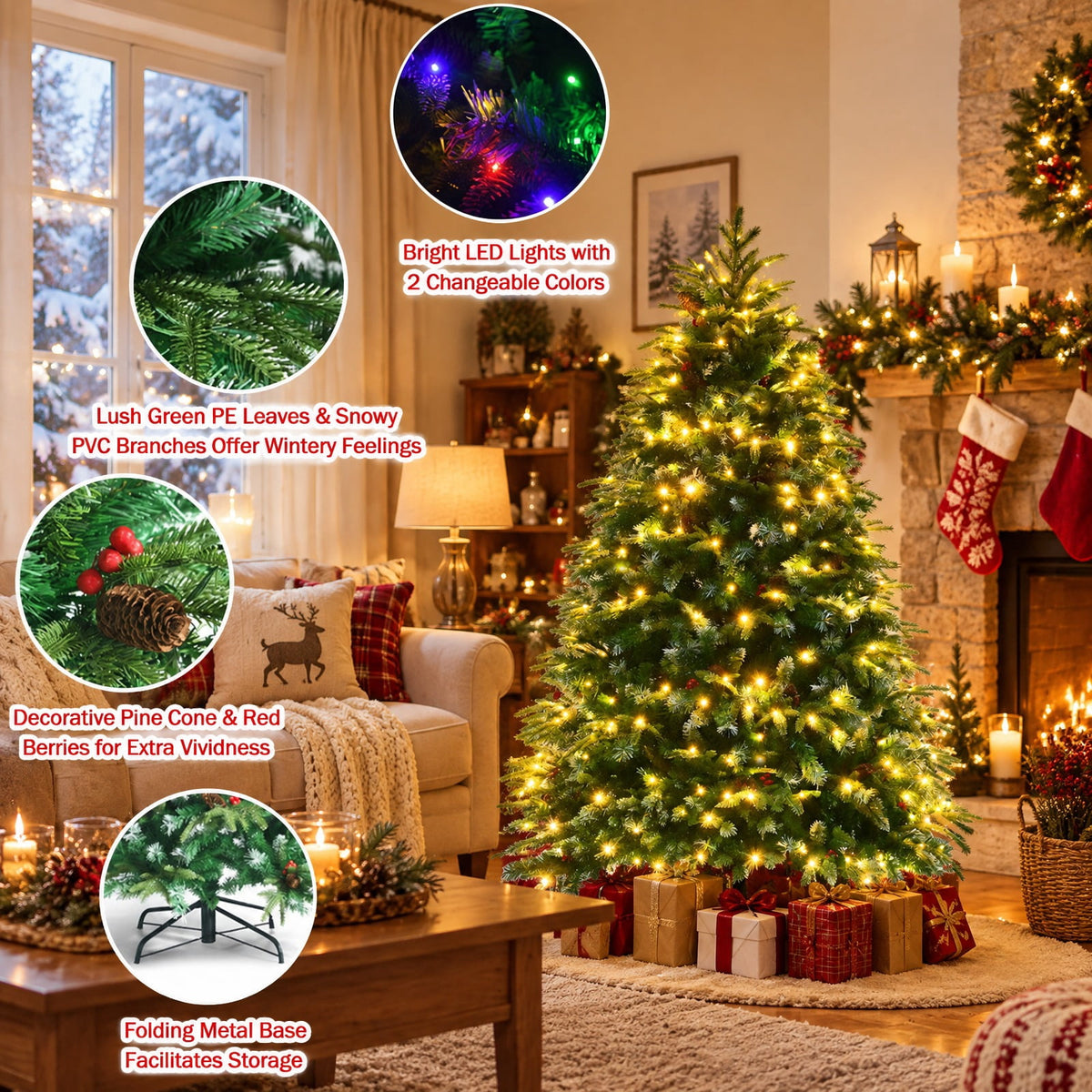 Airfind Pre-Lit Snowy Christmas Hinged Tree with Flash Modes and Multi-Color Lights-5 ft, PE PVC iron Height: 5 ft Base: 3.3 ft Frame, Green