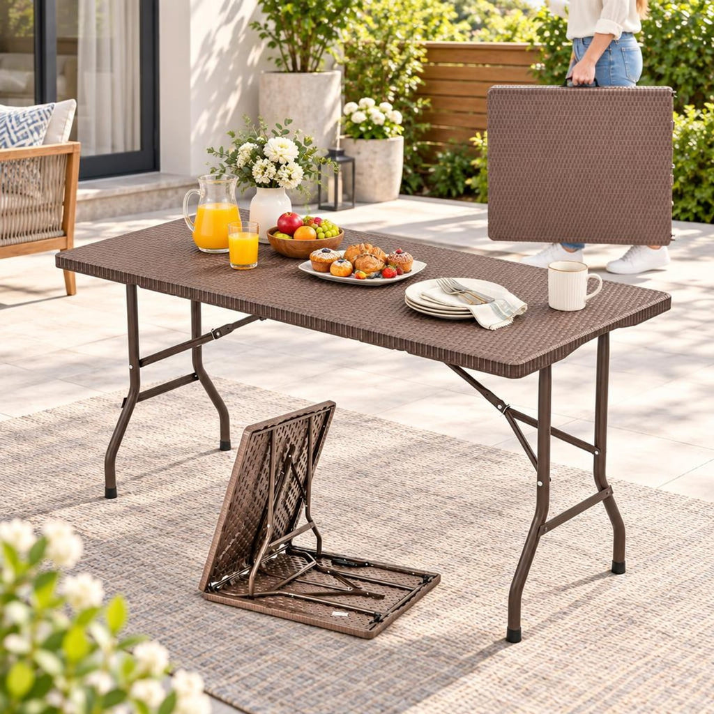 Airfind 5FT Folding Picnic Table with Rattan Grain HDPE Tabletop and Sturdy Metal Fame, 400 lbs Capacity, HDPE Metal Frame, Coffee