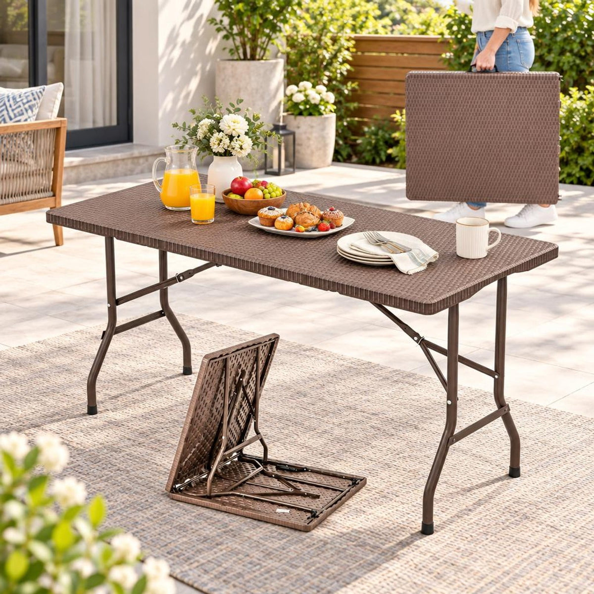 Airfind 5FT Folding Picnic Table with Rattan Grain HDPE Tabletop and Sturdy Metal Fame, 400 lbs Capacity, HDPE Metal Frame, Coffee