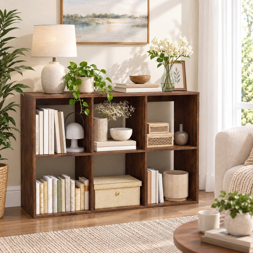 Airfind 6 Cube Bookshelf with Back Guardrail for Living Room Bedroom, 154 lbs Capacity, Engineered Wood Frame, 41 Inch x 13 Inch x 27.5 Inch Footprint, Brown