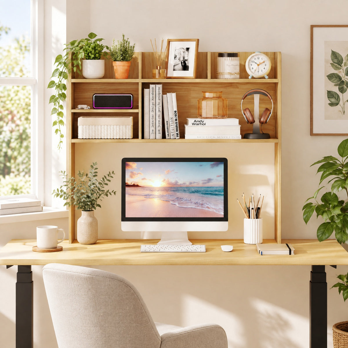 Airfind Desktop Bookshelf Countertop Storage Hutch with 6 Shelves, of Top Tier 66 lbs Capacity, Engineered Wood MDF Frame, Beige
