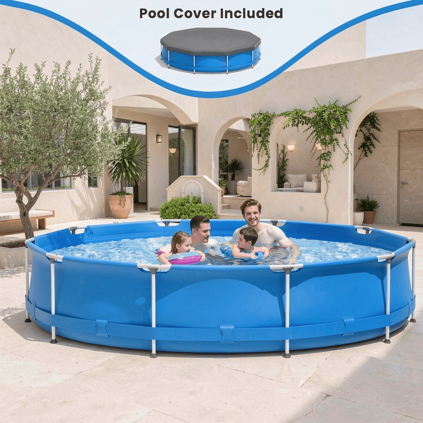 Airfind 12ft x 30in Round Above Ground Swimming Pool with Iron Frame & Pool Cover, 3-Layer PVC Mesh, Blue
