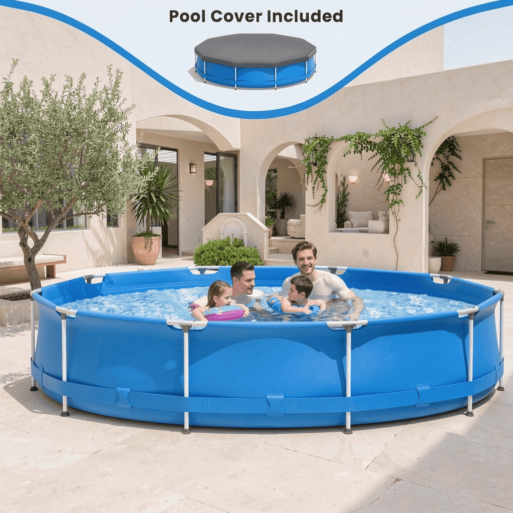 Airfind 12ft x 30in Round Above Ground Swimming Pool with Iron Frame & Pool Cover, 3-Layer PVC Mesh, Blue