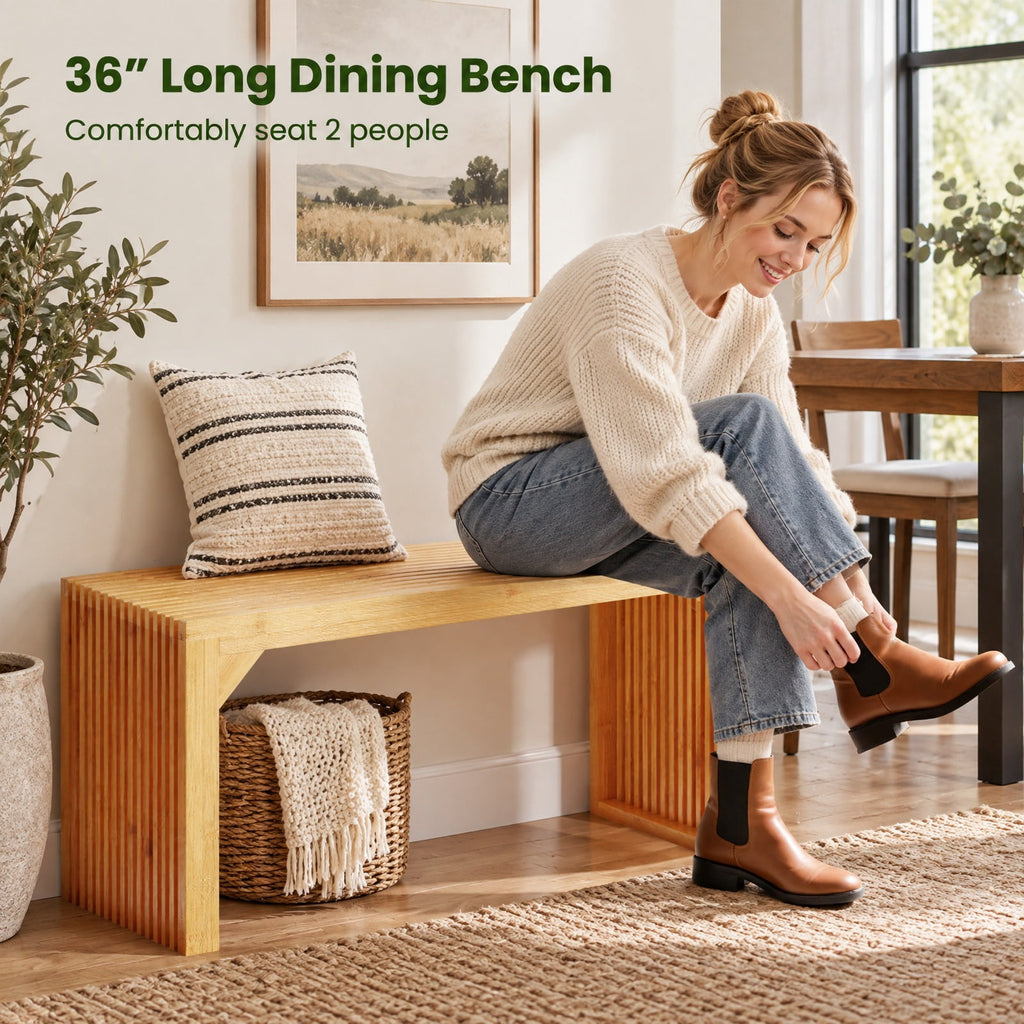 Airfind Bamboo Dining Bench Long Entryway Bench Indoor Outdoor Solid Wood Bench, 660 LBS Capacity, Bamboo Frame, 36 x 13 x 17 Footprint, Natural