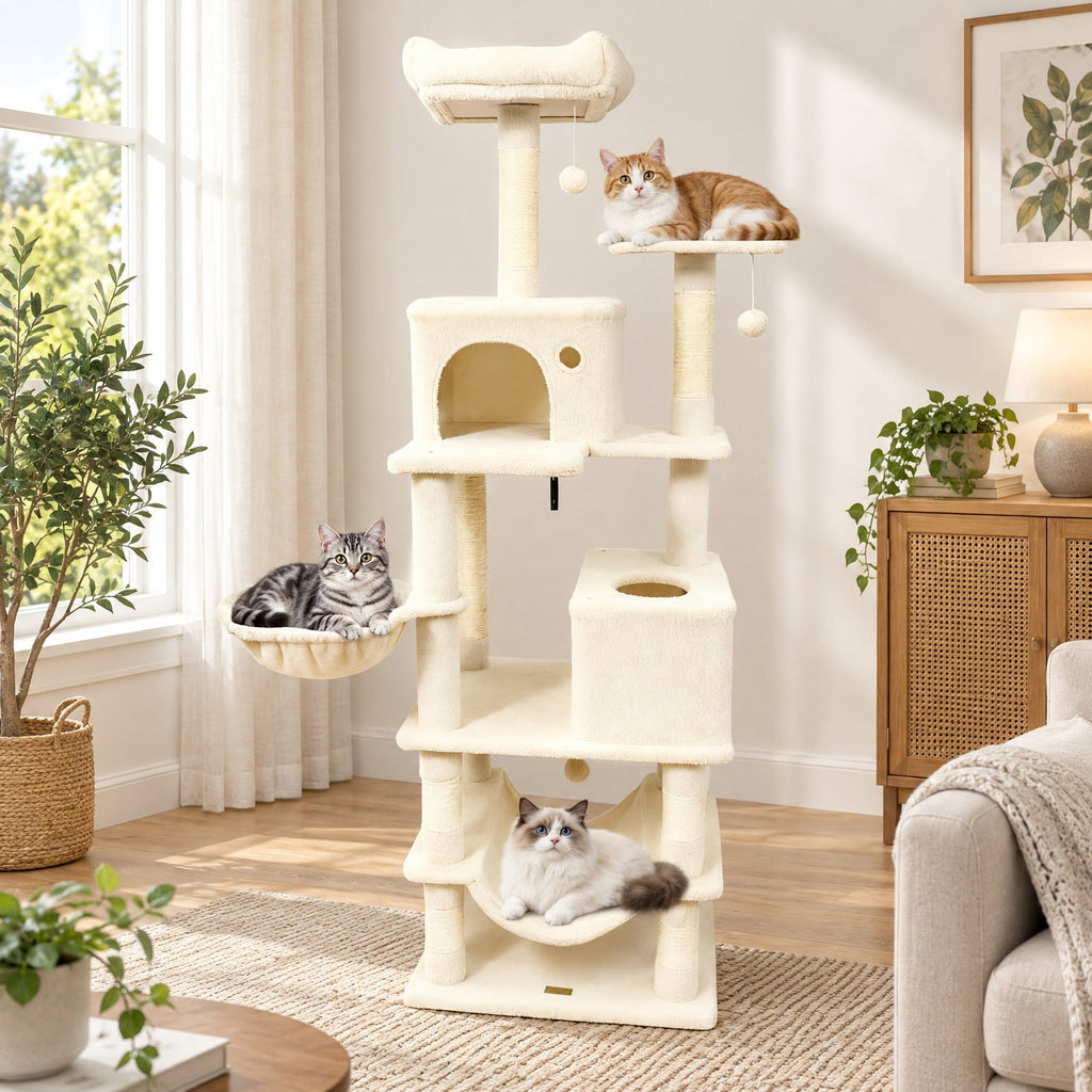 Airfind 66 Inch Tall Cat Tree Multi-Level Cat Tower with 2 Condos Sisal Scratching Posts, 33 lbs Capacity, Light Gray