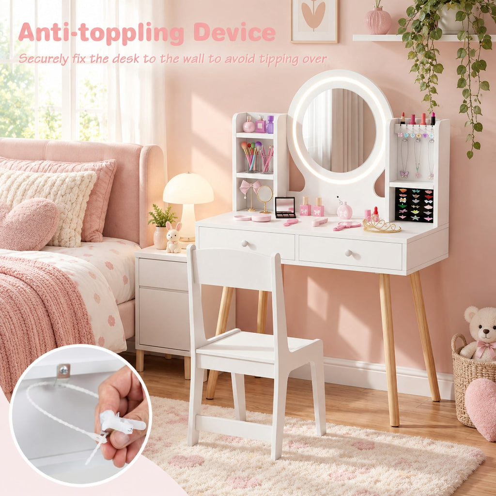 Airfind Kids Vanity Set with Lighted Mirror and Storage Drawers, 110 lbs Capacity, Engineered Wood Frame, for 3+ years old, White