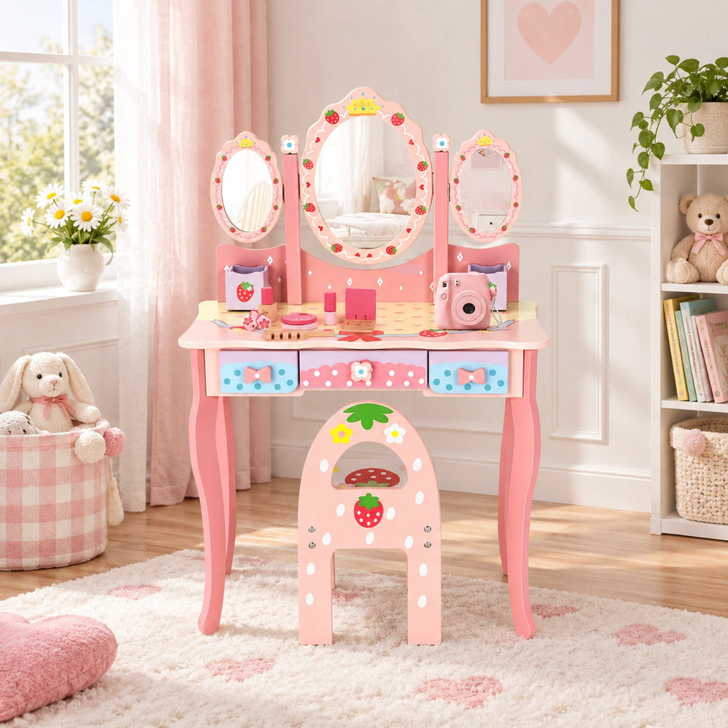 Airfind Kids Vanity Princess Makeup Dressing Table Chair Set with Tri-fold Mirror, 44 lbs Capacity, MDF Frame, Pink
