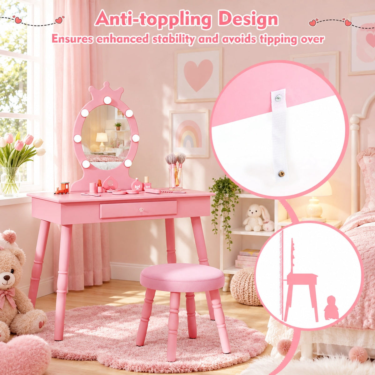 Airfind Kids Vanity Set with Lighted Mirror with Adjustable Brightness and Large Drawer, 110 lbs Capacity, MDF Frame, for 3-7 Years Old, Pink