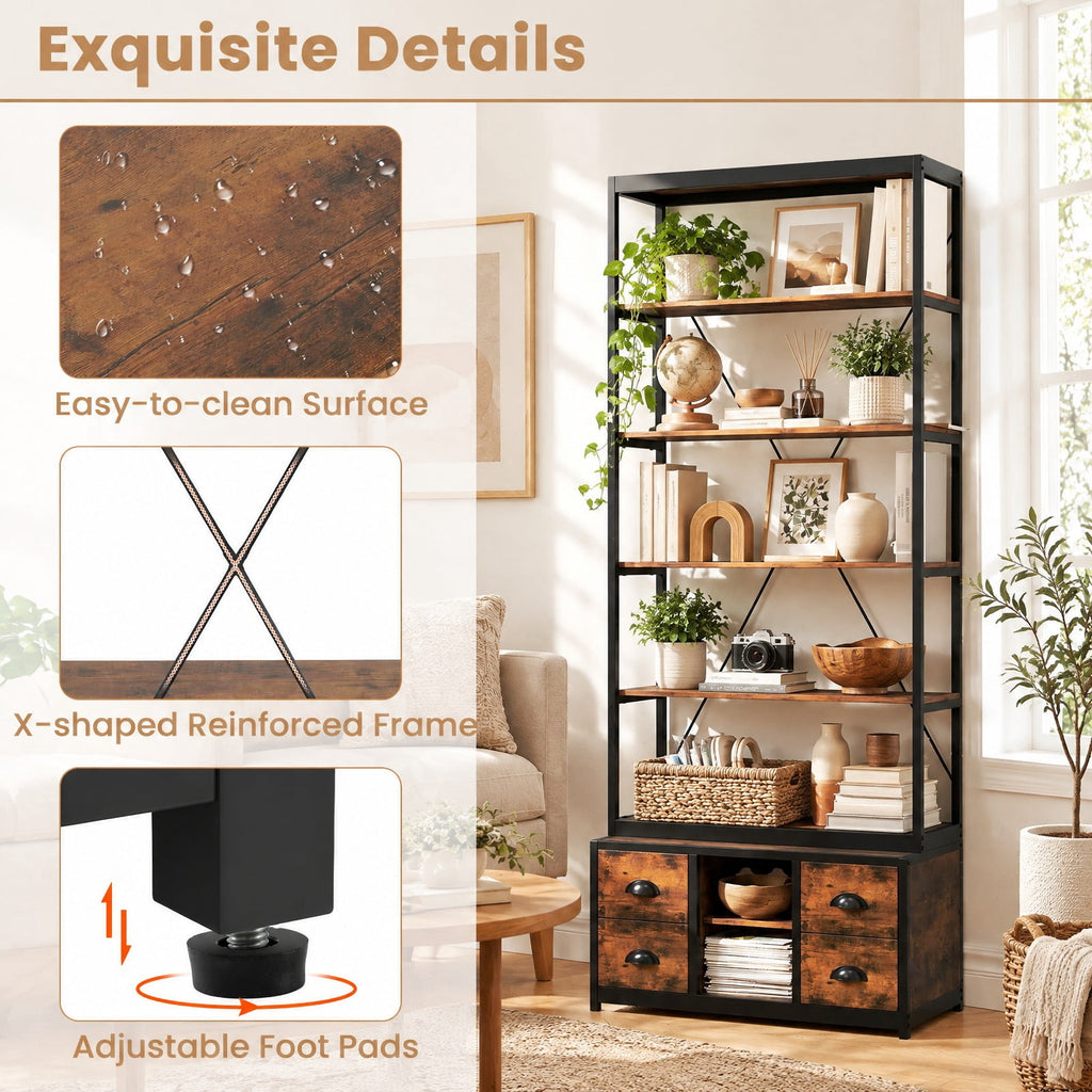 Airfind 8-tier Bookshelf with 4 Fabric Drawers and Heavy-duty Metal Frame, Coffee, Capacity of Shelf 66 lbsWeight