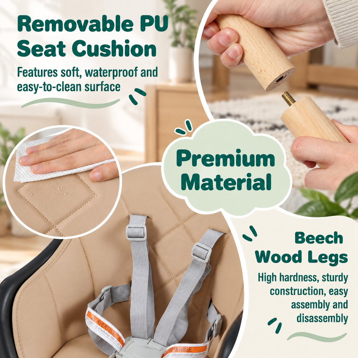 Airfind 6 in 1 Convertible Highchair with Safety Harness and Removable Tray, PP PU Beech Frame, 24.5 x 23 x 35.5 Footprint, Coffee