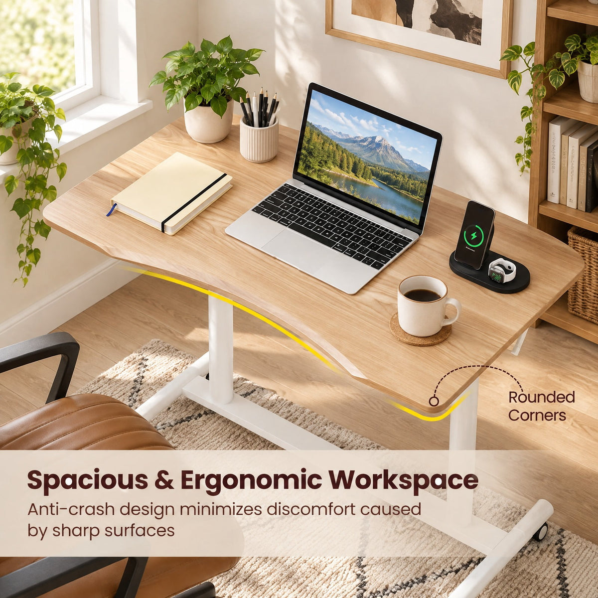 Airfind Height Adjustable Computer Desk Sit to Stand Rolling Notebook Table, MDF Frame, 37.5 x 21.5 x 27.5-42 Footprint, Natural
