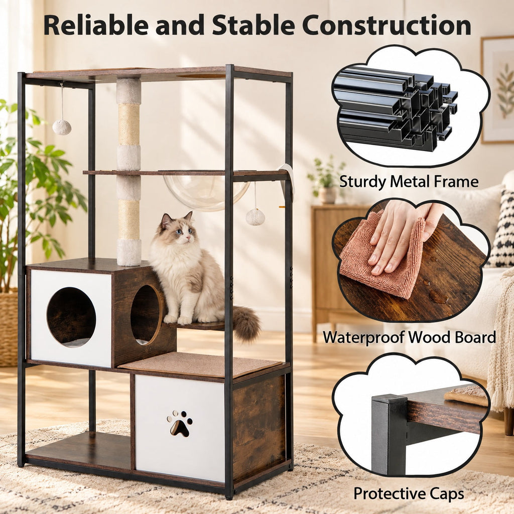 Airfind 52 Inch Tall Wooden Cat Tree Metal Frame with 2 Condos and Cushions, 33 lbs Capacity, 32 x 17.5 x 52 (L x W x H) Bottom Condo Footprint