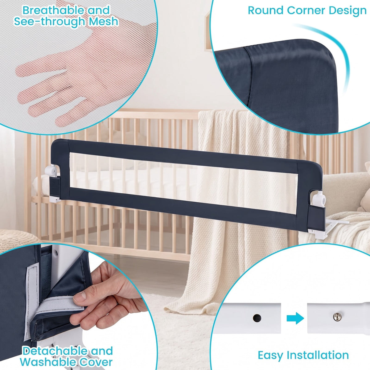 Airfind 71-Inch Foldable Bed Rail Swing Down Baby Bed Guard Rail with Adjustable Safety Strap, Metal Oxford Cloth PP Cotton, Blue