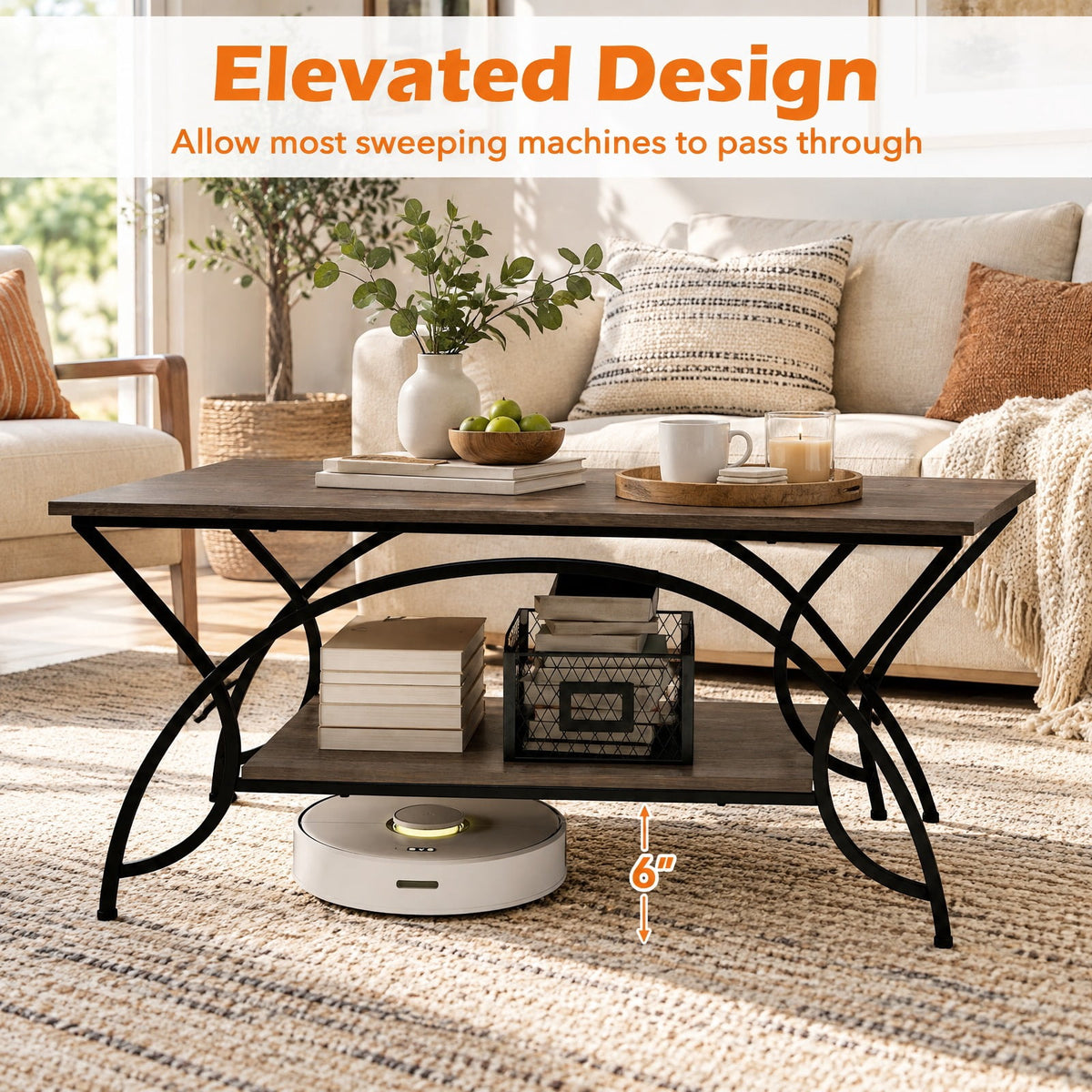 Airfind 2-Tier wood grain Coffee Table with wood grain top and Metal Frame, 110 lbs Capacity, Engineered wood steel Frame, Oak