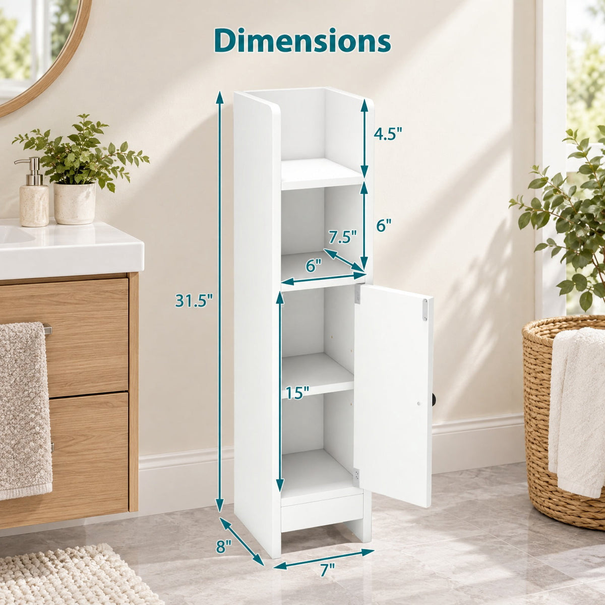 Airfind Bathroom Slim Cabinet Corner with Door and Adjustable Shelf, 44 lbs Capacity, Engineered Wood Frame, White