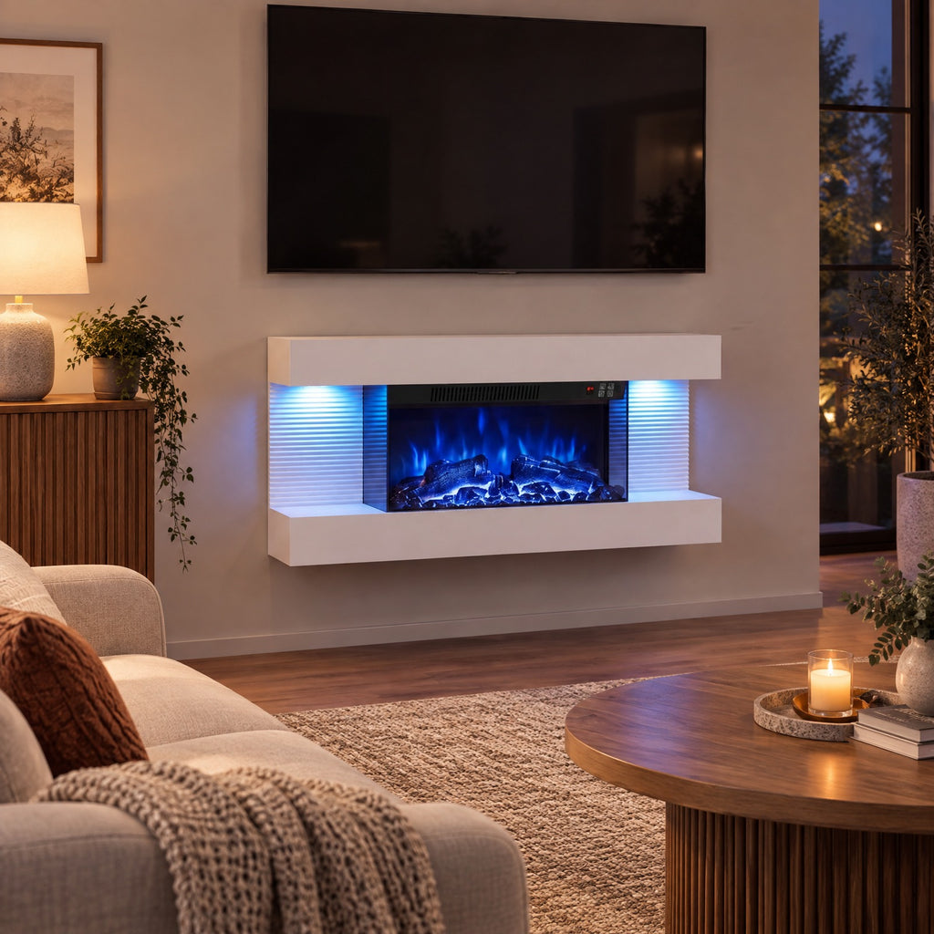Airfind 3-Sided White Wall Mount Electric WiFi Fireplace with Floating Mantel and 12 Flame Ambient Colors-32 inch, Metal Tempered Glass Frame, White