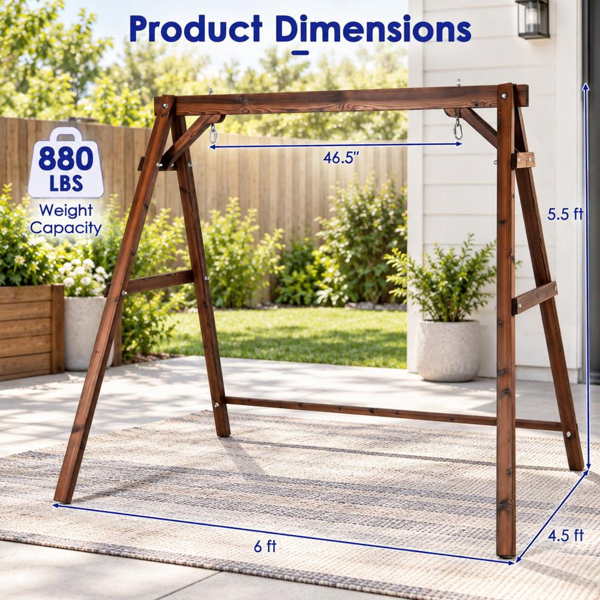 Airfind Heavy-Duty Carbonized Fir Wood Swing Frame with Reinforced Bars and 2 Hanging Rings, 880 lbs Capacity, Fir Wood Metal Frame, Brown