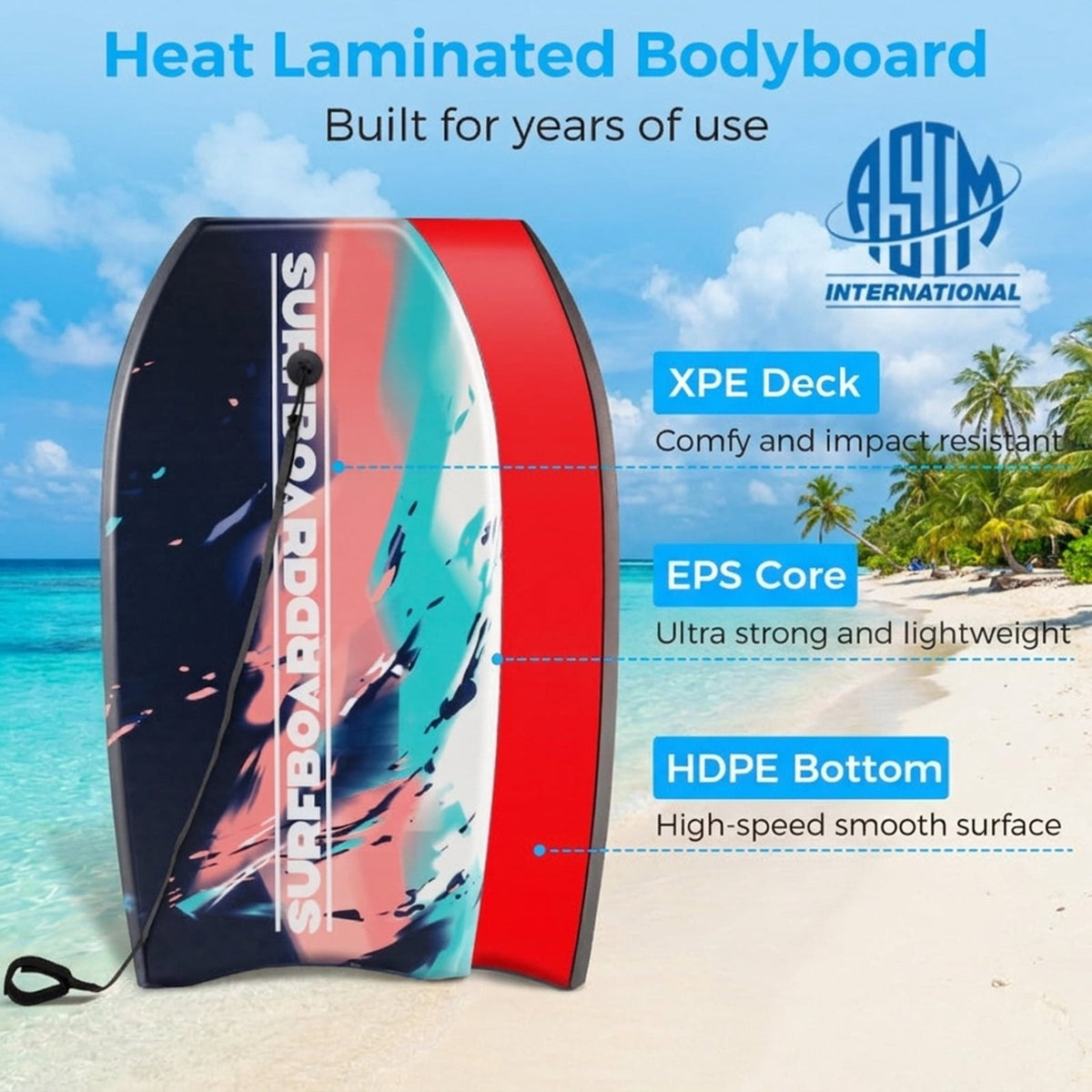 Airfind 41 Boogie Board with Sunset Splash Graphic Deck ¡ª EPS Core, XPE Top, HDPE Slick Bottom, Crescent Tail, Coiled Wrist Leash