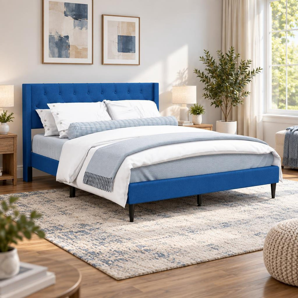 Airfind Queen Size Upholstered Platform Bed with Button Tufted Wingback Headboard, 550 lbs Capacity, Blue
