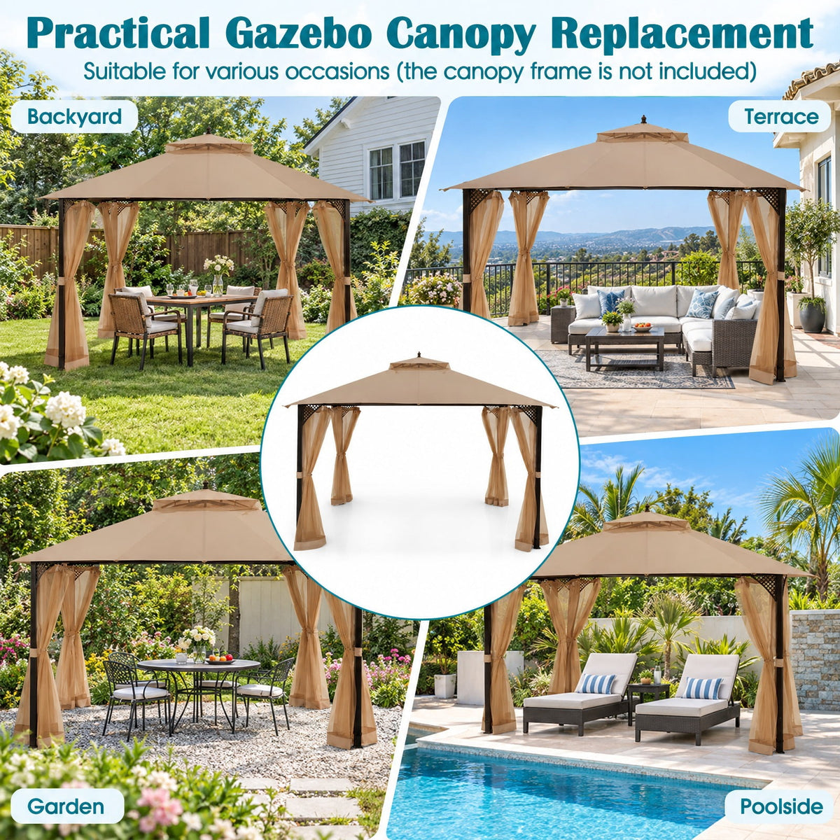 Airfind 10 x 12 Feet Gazebo Replacement Top with Air Vent and Drainage Holes, Polyester Frame, 12 ft x 10 ft Footprint, Brown