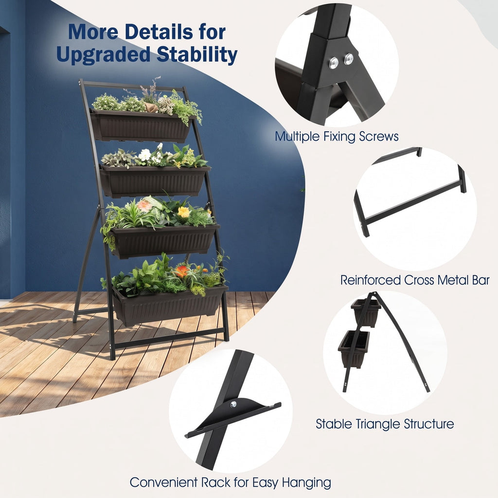 Airfind 4-Tier Vertical Raised Garden Bed with 4 Containers and Drainage Holes, Metal PE S Frame, 26 x 20.5 x 49 Single Footprint, Black+ Brown