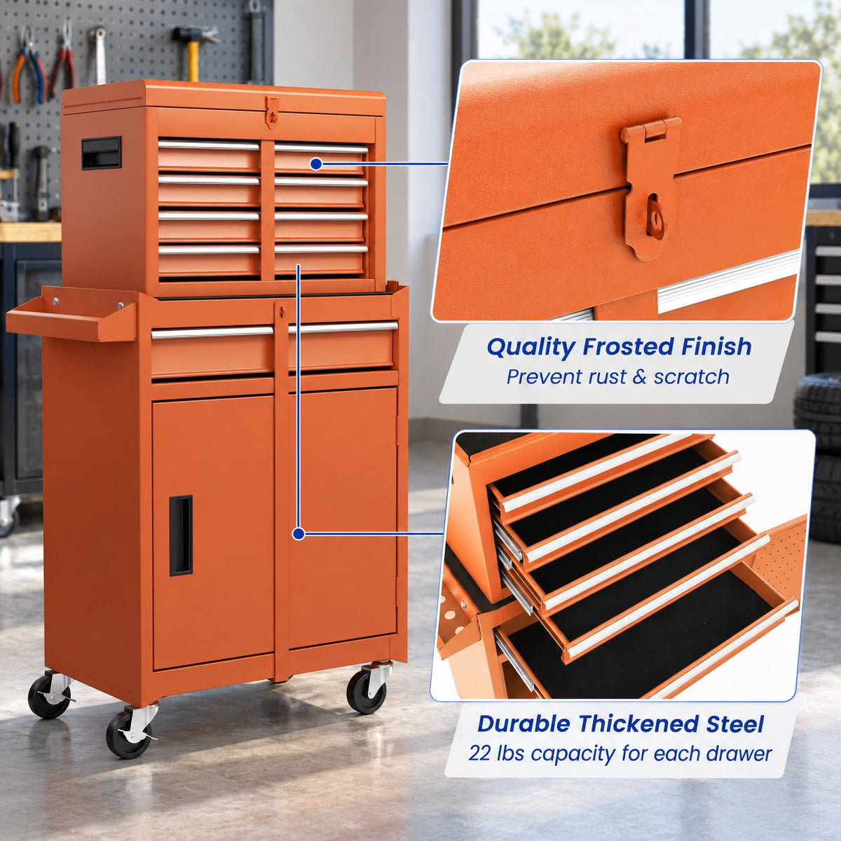 Airfind 2-in-1 Rolling Tool Chest with 5 Sliding Lockable Drawers, 220.5 lbs Capacity, Steel rubber-plastic synthetic Frame, Orange