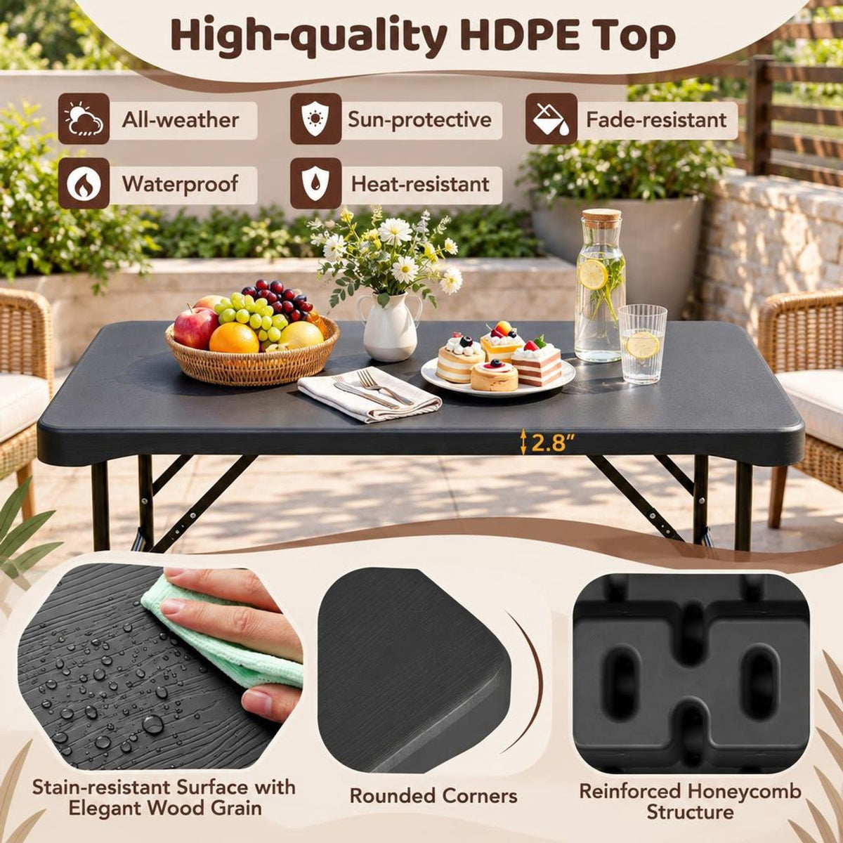 Airfind Outdoor Folding Table Bench Set w All-Weather HDPE Tabletop and Sturdy Metal Frame, 120 kg Capacity, HDPE Metal Frame, Black