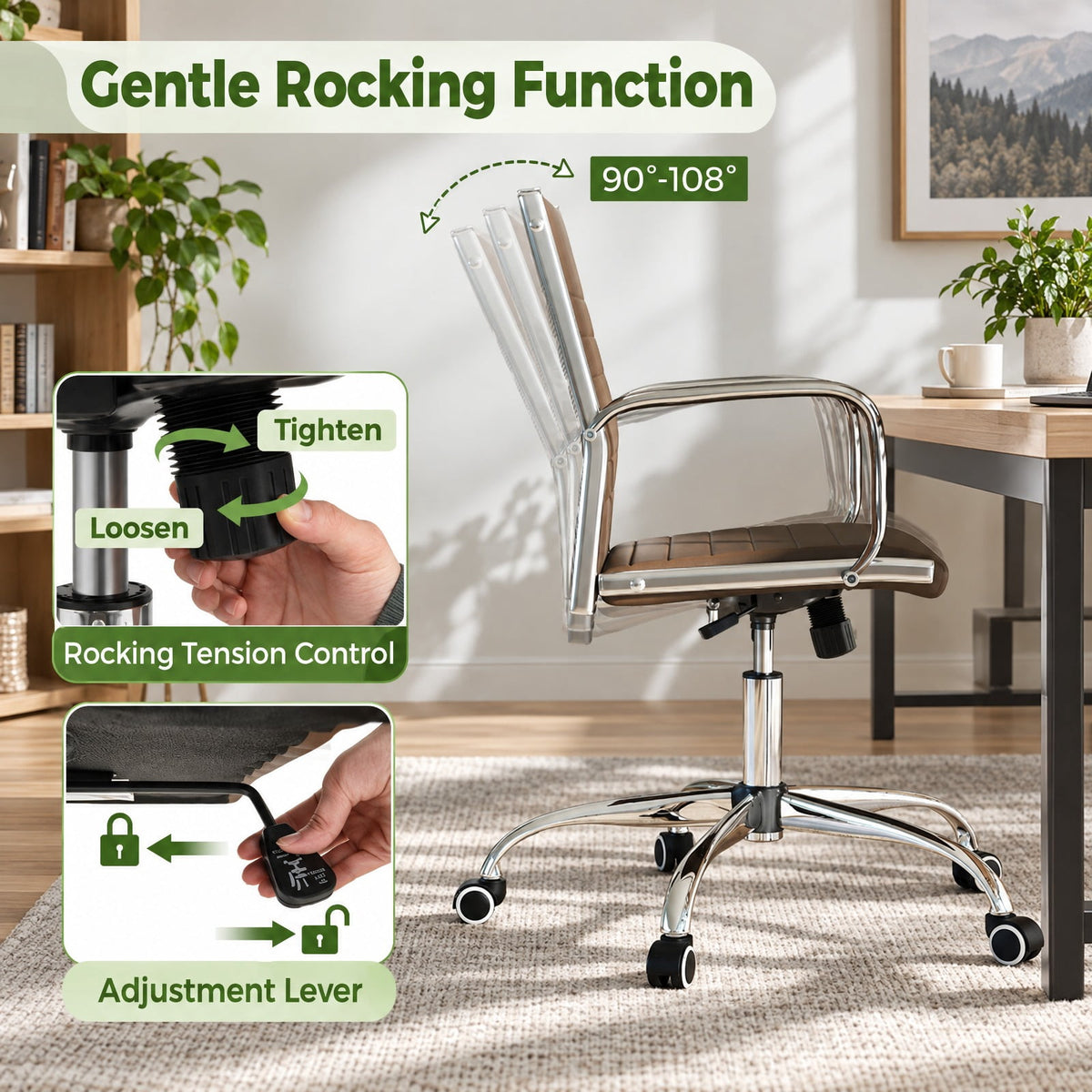 Airfind Office Chair Height Adjustable Conference Room Chair with Rocking Backrest Armrests, 330 lbs Capacity, PU Leather Sponge Metal Frame, Brown