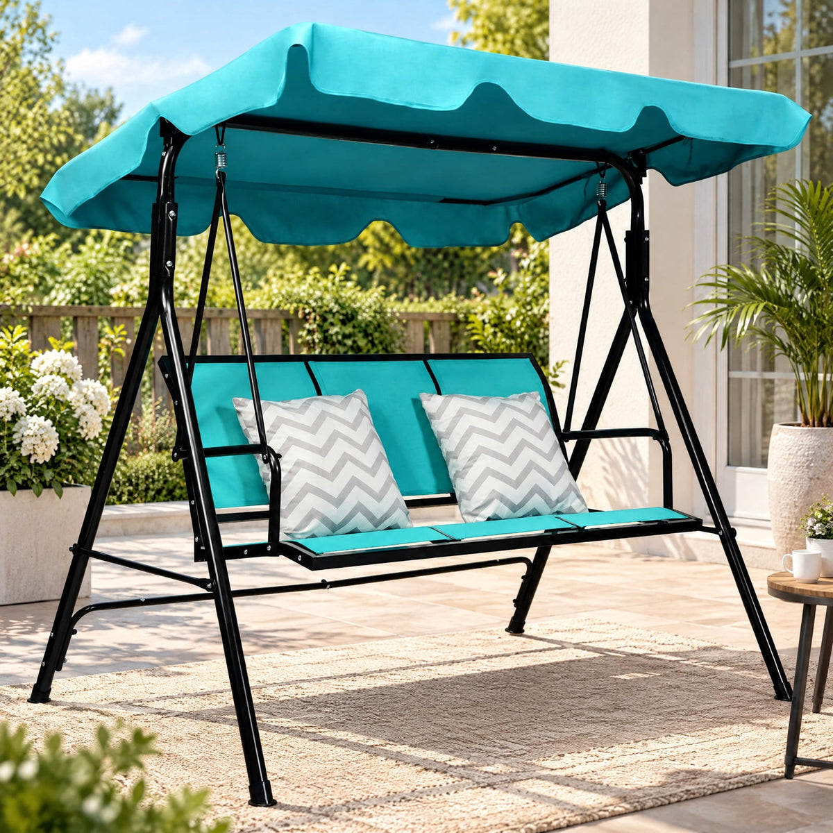 Airfind Outdoor Patio 3 Person Porch Swing Bench Chair with Canopy, 550 lbs Capacity, Steel textile fiber polyester Frame, Blue