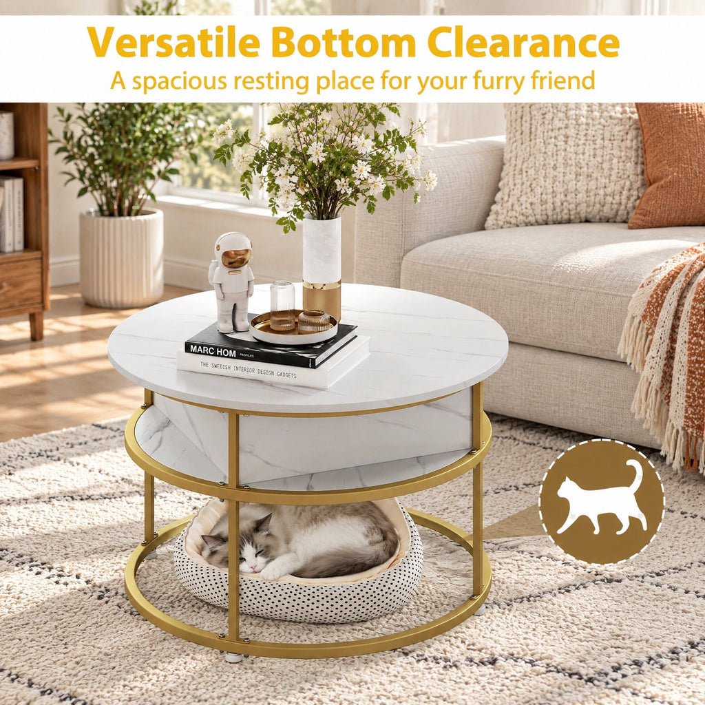 Airfind 31.5 Inch Round Lift Top Coffee Table with Hidden Compartment and Side Shelves, 110 lbs Capacity, Engineered Wood Metal Frame, White