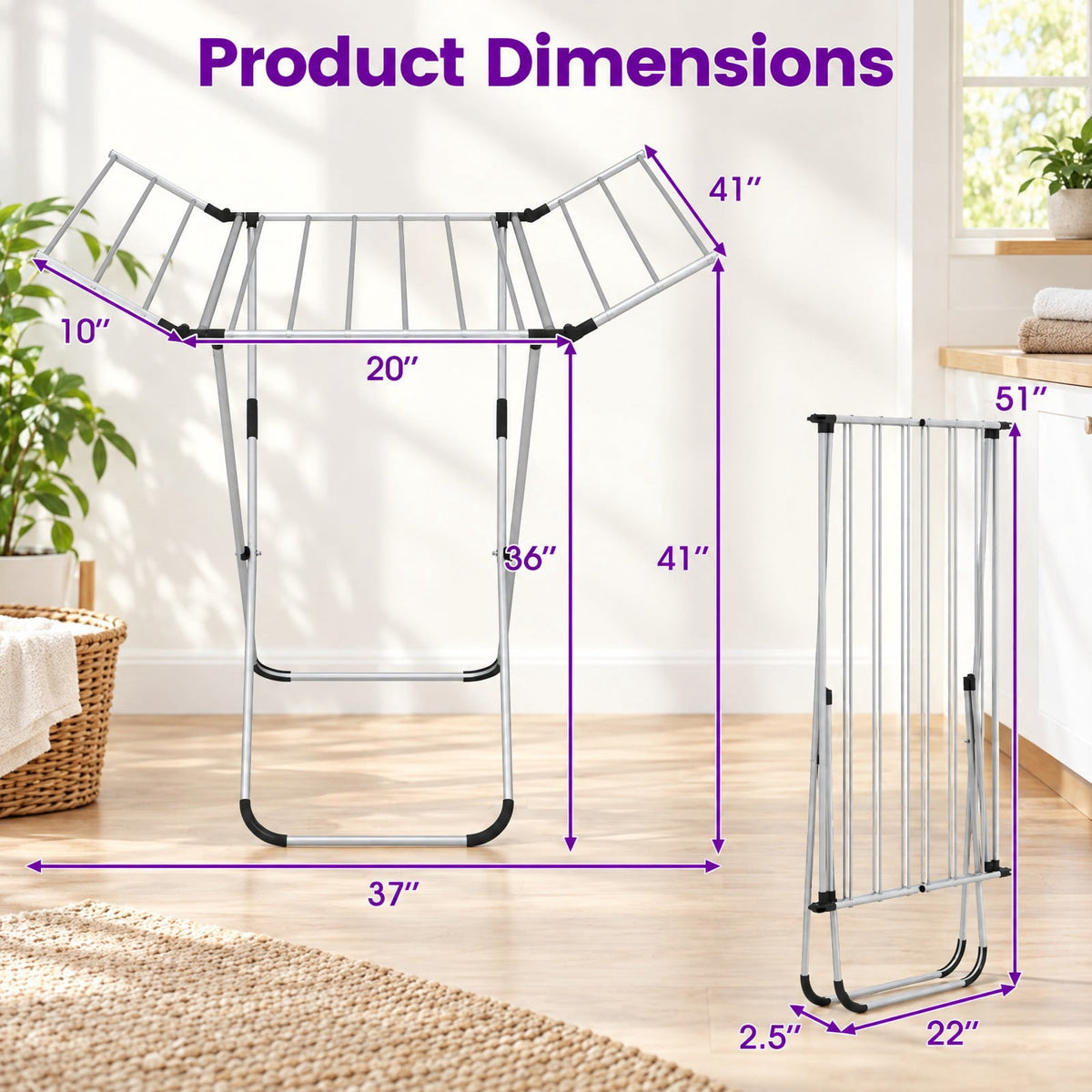 Airfind Folding Aluminum Clothes Drying Rack with 2 Side Wings, 26.5 lbs Capacity, Aluminum Plastic Frame, 41 x 37 x 41 Footprint, Silver