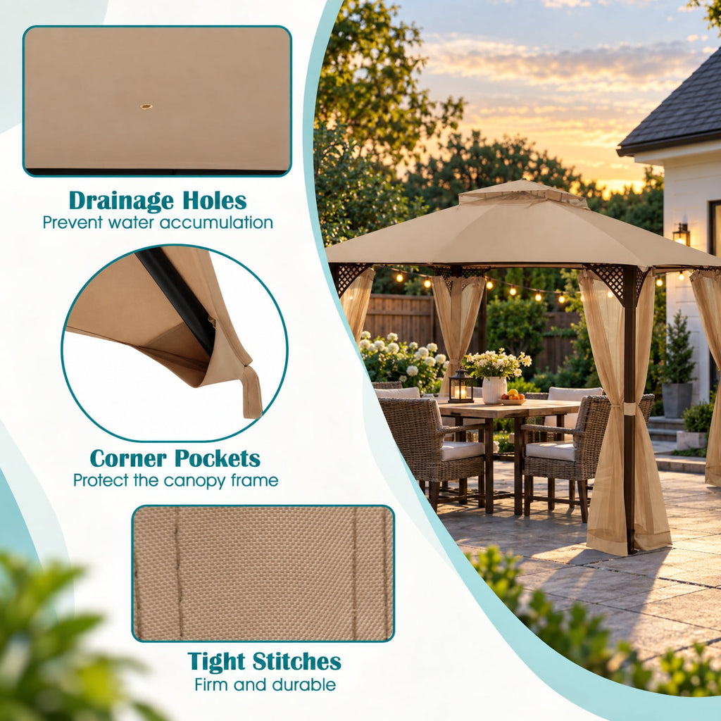Airfind 10 x 12 Feet Gazebo Replacement Top with Air Vent and Drainage Holes, Polyester Frame, 12 ft x 10 ft Footprint, Brown
