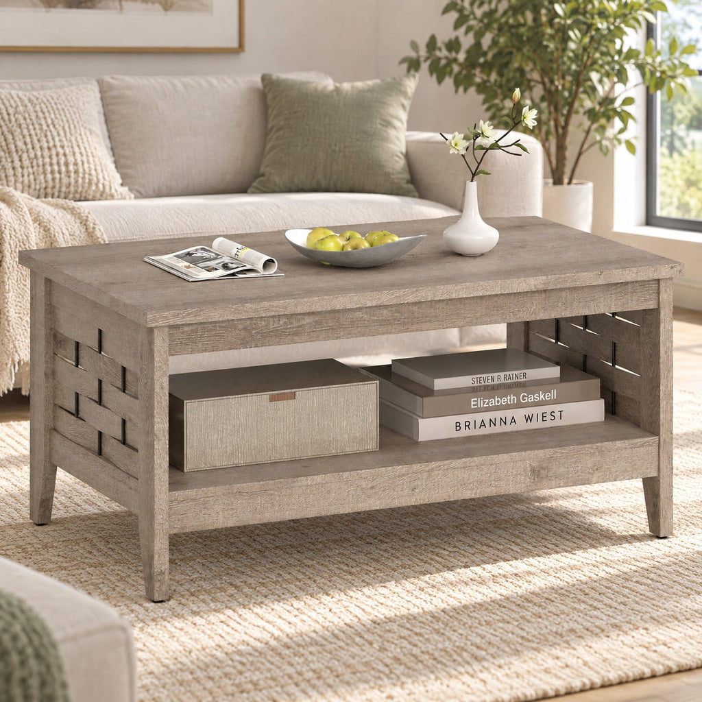 Airfind 2-Tier Farmhouse Coffee Table with Open Shelf and Woven Decorations for Living Room, 135 lbs Capacity, Engineered Wood MDF Frame, Coffee