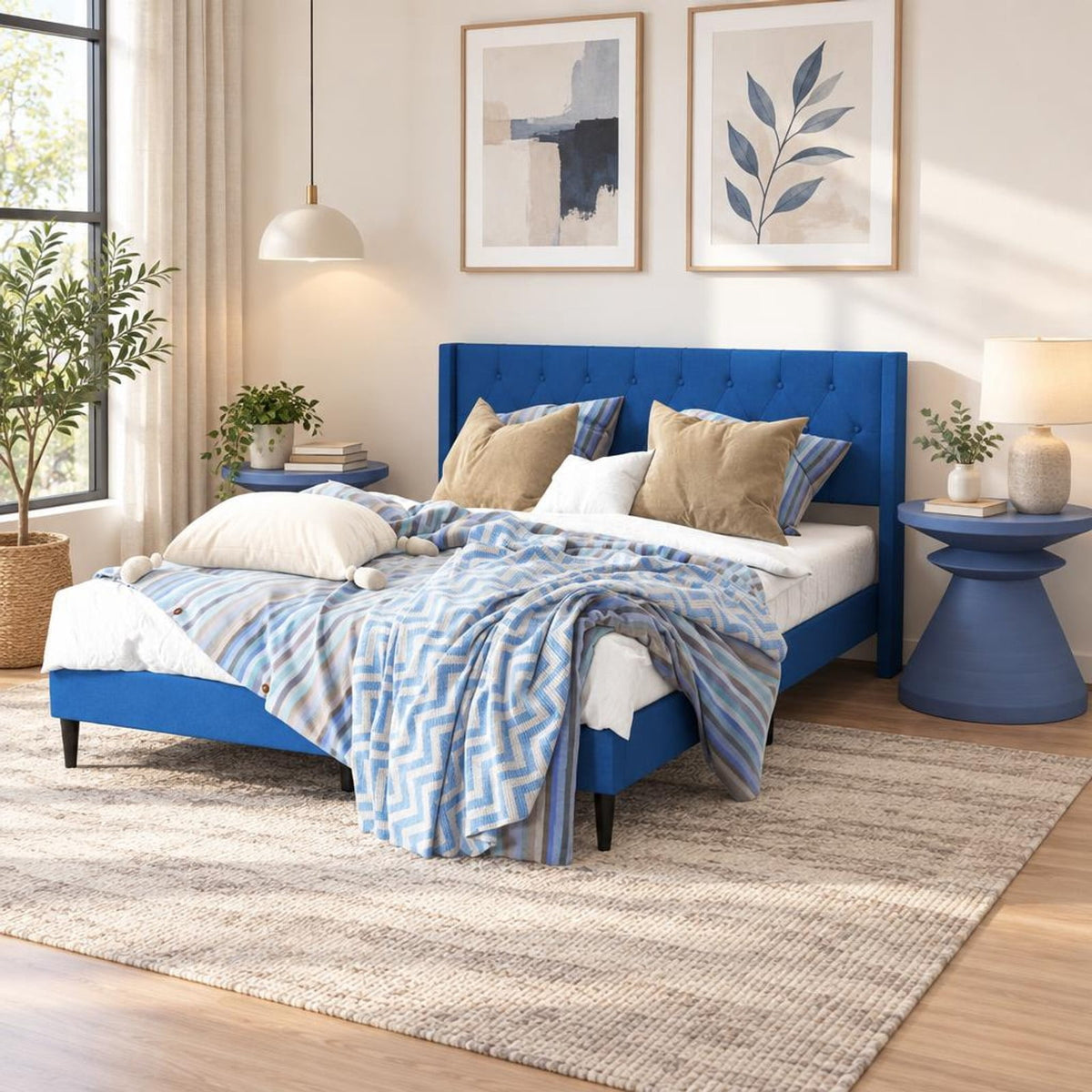Airfind Queen Size Upholstered Platform Bed with Button Tufted Wingback Headboard, 550 lbs Capacity, Blue