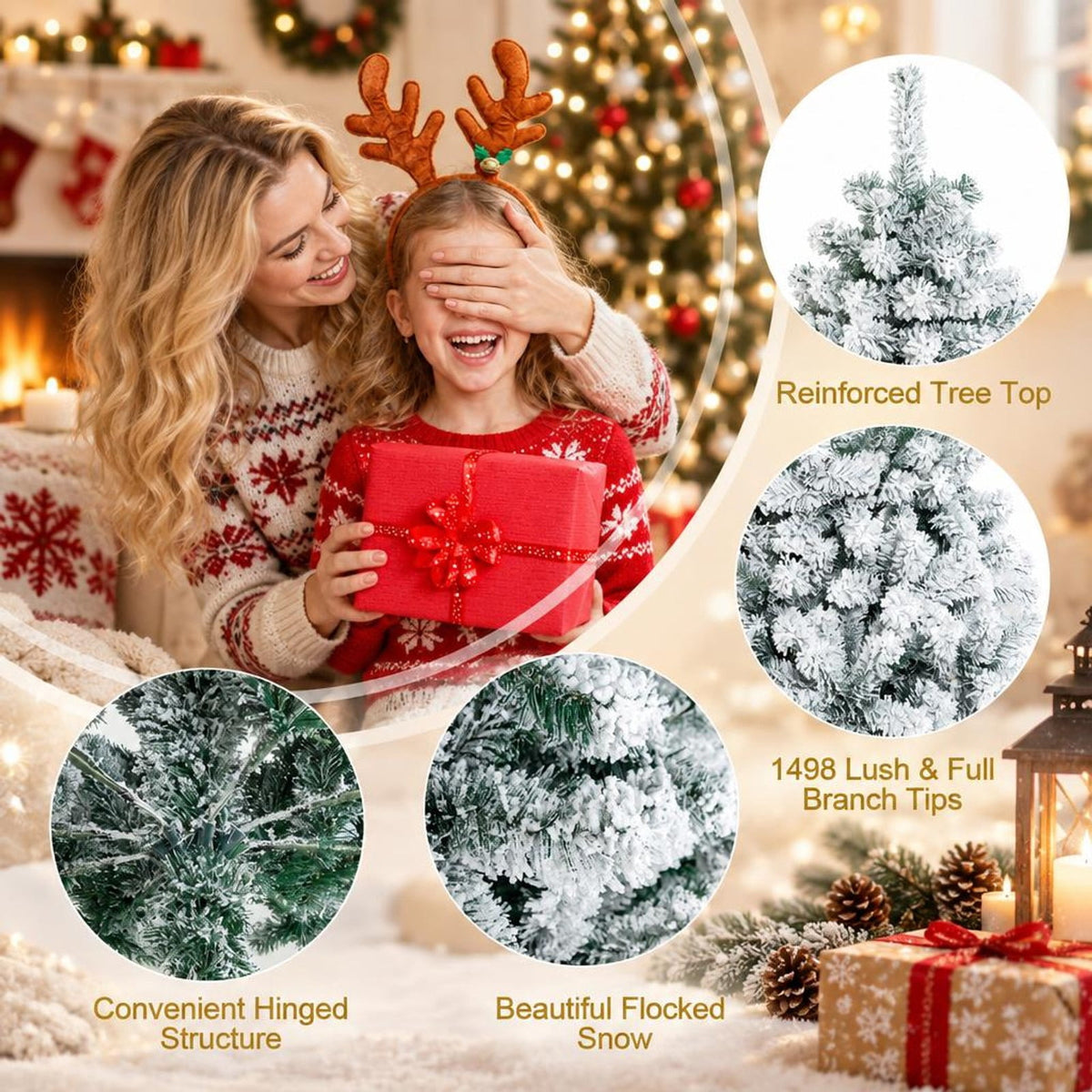 Airfind Snow-flocked Artificial Christmas Tree 9 Ft featuring Hinged PVC Branches and Metal Stand for Indoor Holiday Decor, White
