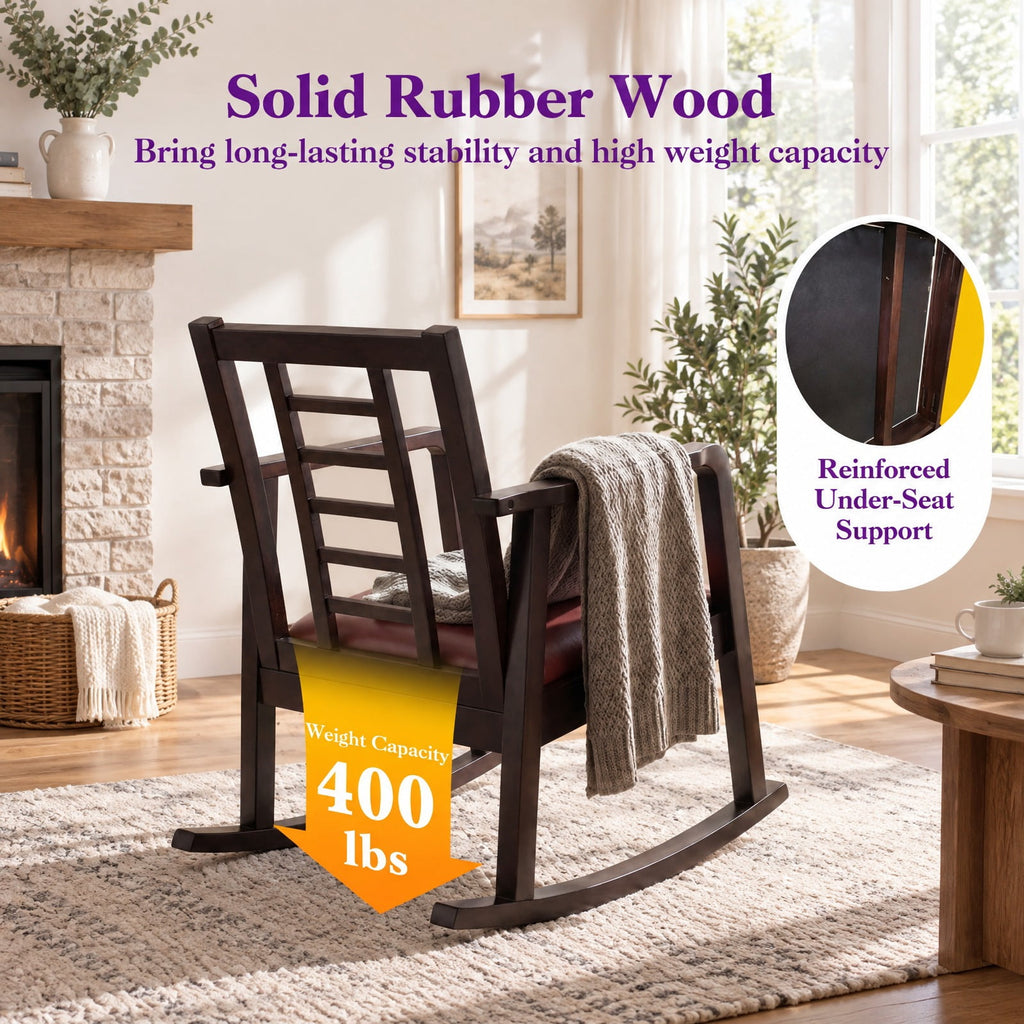 Airfind Wooden Rocking Chair with Upholstered Seat and Ladder Back for Living Room, 400 lbs Capacity, Rubber Wood Faux Leather/Fabric Sponge Frame