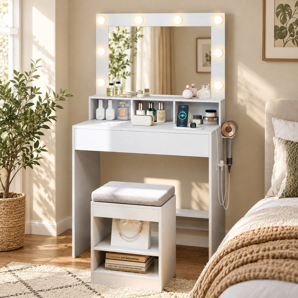 Airfind 31.5 Inches Vanity Desk with 3 Lighting Modes and Storage Shelves, 88 lbs Capacity, Engineered Wood Frame, 31.5 Inch x 16 Inch x 55 Inch Footprint