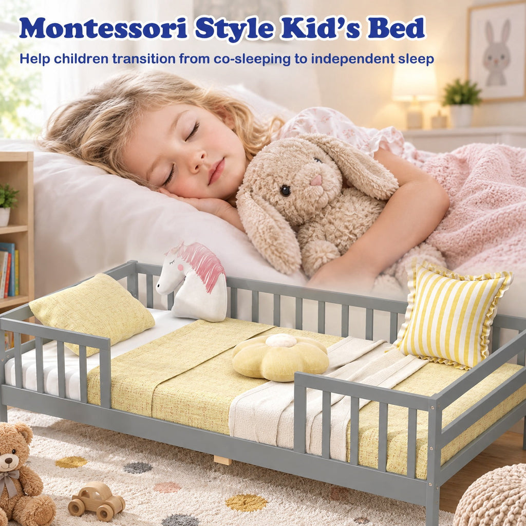 Airfind Twin Daybed with Fence and 2 Drawers Kids Bed for Boys Girls, 200 lbs Capacity, Pine Wood MDF Engineered Wood Plywood Frame, Gray
