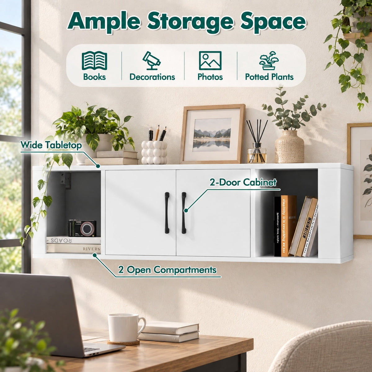 Airfind Wall Mounted Floating 2 Door Desk Hutch Storage Shelves, 132 lbs Capacity, Engineered Wood MDF Frame, 42.5 x 13 x 12 Footprint, White