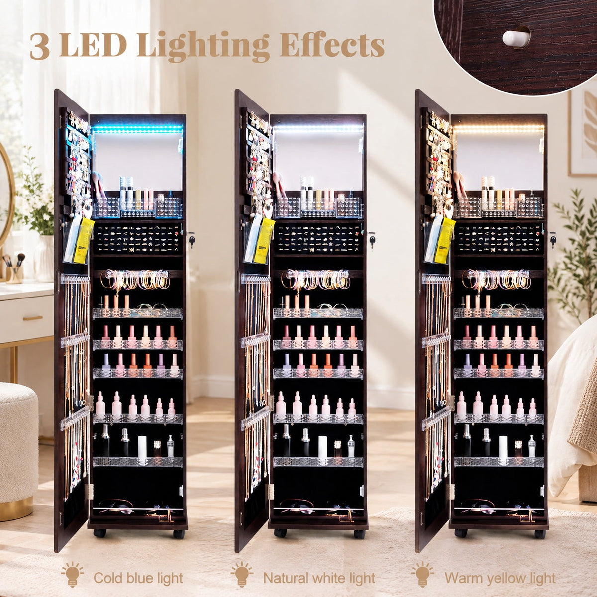 Airfind 64 Inches Lockable Jewelry Cabinet Armoire with Built-in Makeup Mirror, MDF Glass Acrylic Frame, 15.5in x 15in x 64in Full-Length Footprint