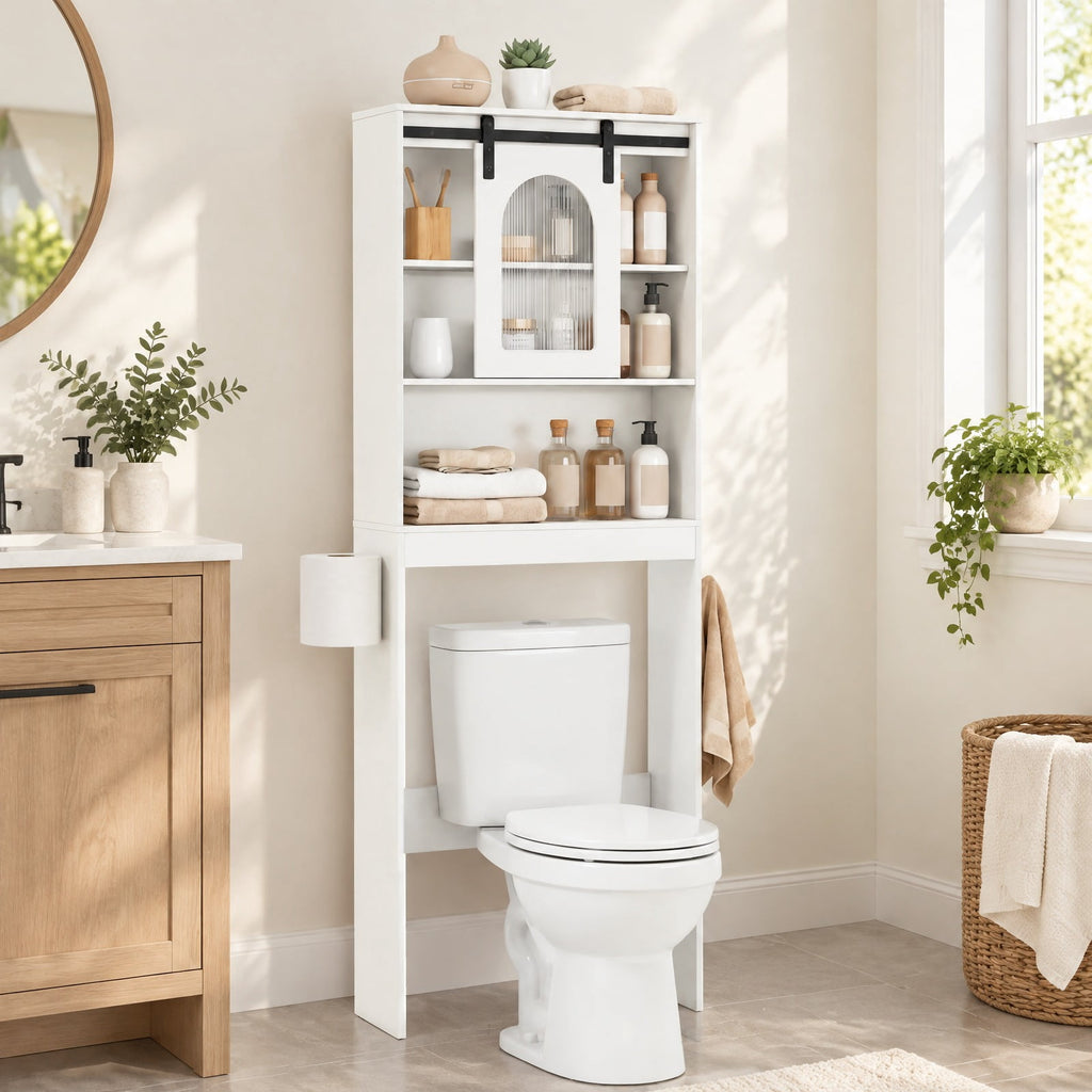 Airfind Over Toilet Storage Cabinet with Sliding Barn Door and Open Shelves for Bathroom, 44 lbs Capacity, Engineered Wood Frame, White