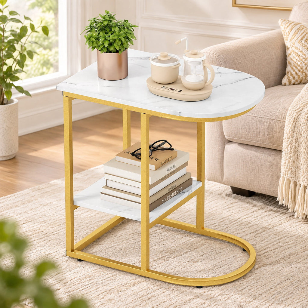 Airfind C-shaped Modern Sofa Side Table with Faux Marble Tabletop and Storage Shelf, 66 lbs Capacity, Engineered Wood Metal Frame, White